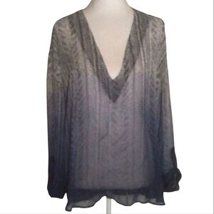 Language 100% Silk Blue Ombre Boho Printed Roll Tab Long Sleeve Blouse Medium